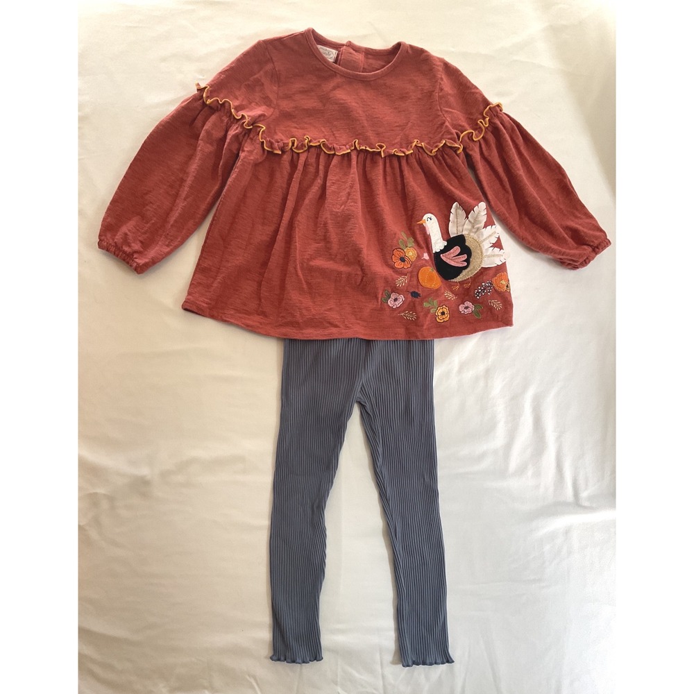 Mud Pie Kids Girls 5T Thanksgiving Turkey Tunic and Leggings Set Rust Blue
